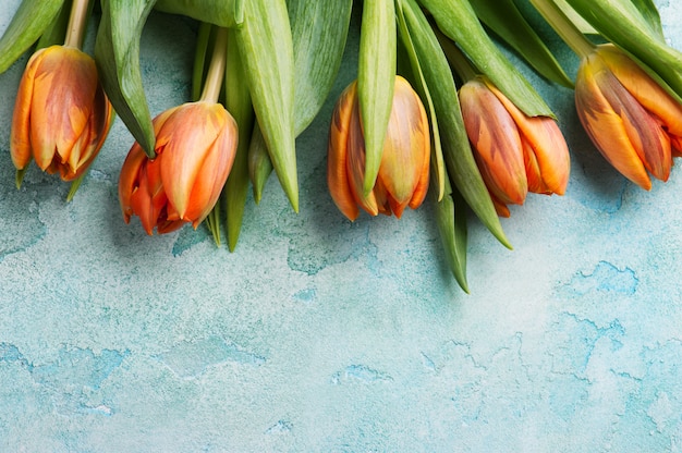 Orange Tulpen auf blauem Beton verwitterten Hintergrund