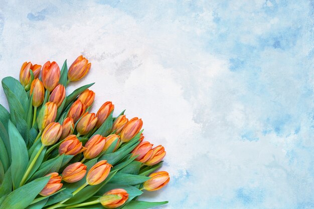 Orange Tulpenstrauß auf blauem Aquarellhintergrund. Speicherplatz kopieren, Draufsicht.