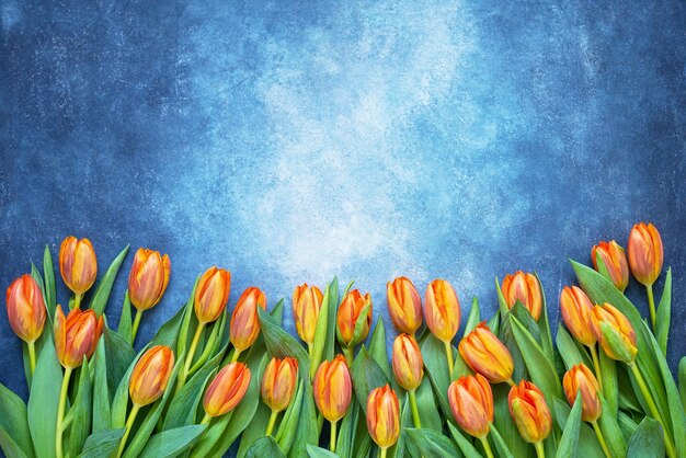 Orange Tulpenstrauß auf blauem Aquarellhintergrund. Speicherplatz kopieren, Draufsicht.