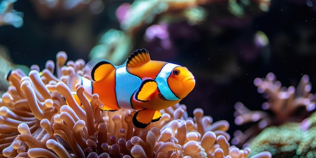 Foto orange und blauer clownfisch in einem aquarium.