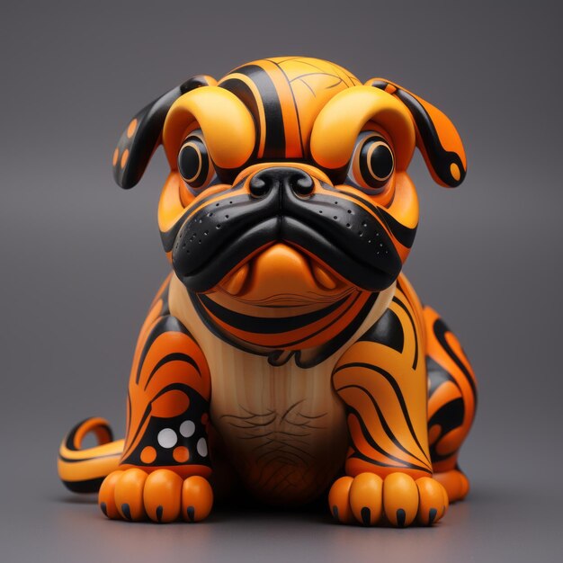 Orange und schwarze Pug-Figur, inspiriert von japanischer traditioneller Kunst