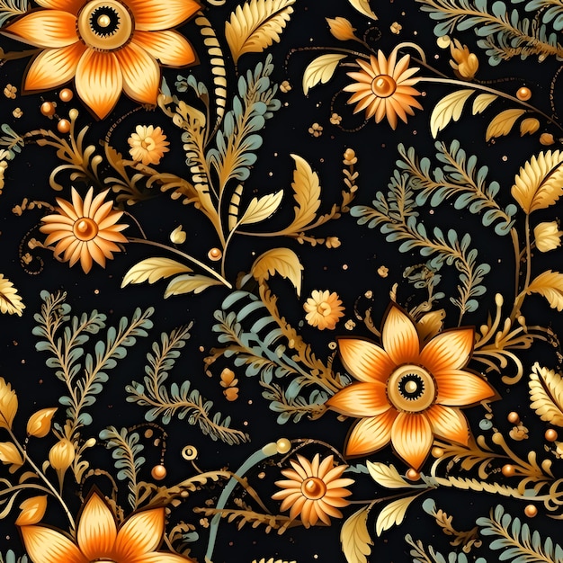 Orange und schwarzes Blumenmuster im Batik-Stil Blumenwandpapier Sommerpflanze