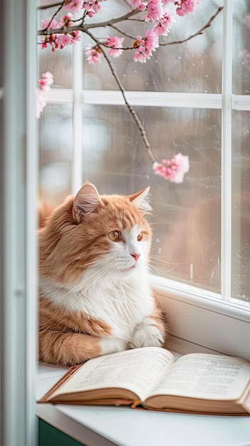 Foto orange und weiße katze auf einem weißen tisch mit buch rosa blumen und kaffeekuppe