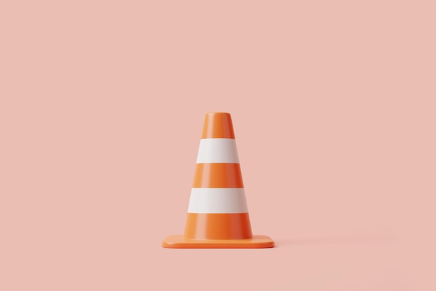 Orange Verkehrskegel mit weißen Streifen auf rosa Hintergrund 3D-Rendering im minimalistischen Cartoon-Stil