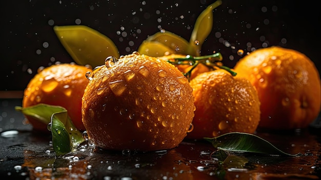 Orange wird von Wasserspritzern mit schwarzem, unscharfem Hintergrund getroffen