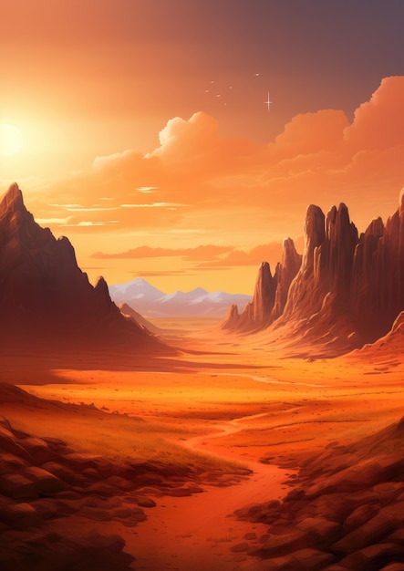 Orange Wüste umgeben von großen Bergen Berge Tapete Generative Ai