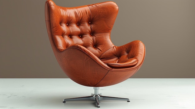 orangebrauner Eierstuhl mit bequemem Ledersitz und Metallstütze