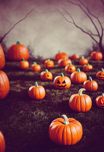 orangefarbene Halloween-Kürbisse, die im Gras und im düsteren Wald liegen