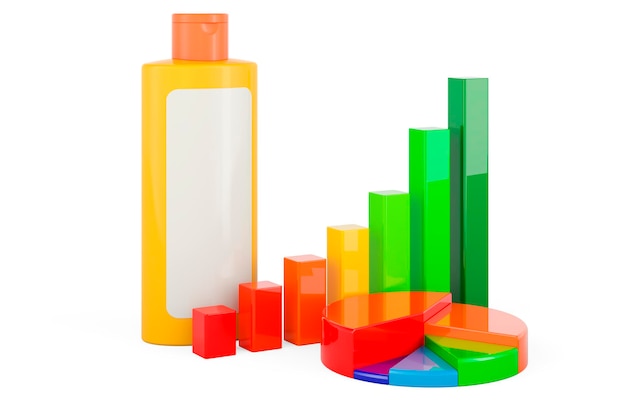 Orangefarbene Kosmetikflasche aus Kunststoff mit Wachstumsbalkendiagramm und Kreisdiagramm 3D-Rendering