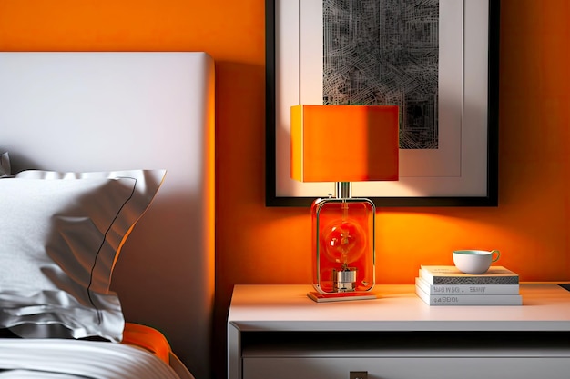 Orangefarbene Loft-Nachttischlampe auf dem Tisch im Zimmer