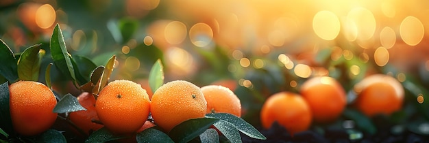 orangefarbene Mandarinen, die auf Baumzweigen im Garten auf einer Plantage mit Sonnenlicht wachsen