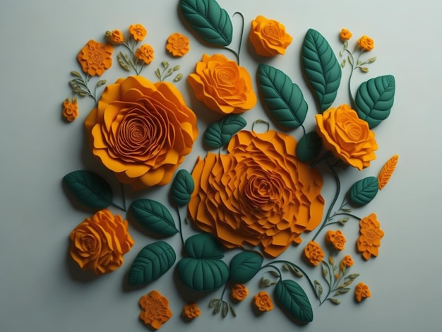 Orangefarbene Rosen mit grünen Blättern auf weißem Hintergrund. Flache digitale Kunst für die Wanddekoration