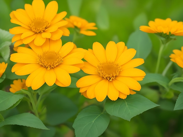 Orangefarbene und gelbe Blüten mit grünen Blättern, Makrofotografie, AI generiert