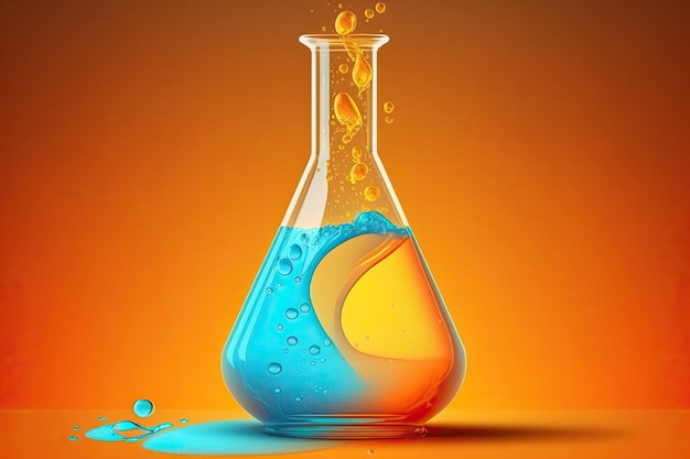 Orangefarbene und gelbe Flüssigkeit in einem wissenschaftlichen Glaskolben auf blauem Hintergrund für ein Chemielabor-Banner