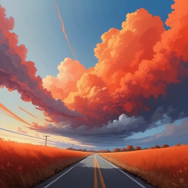 Orangefarbene Wolke im blauen Himmel Illustration Hintergrundlandschaft im Natur-Anime-Stil