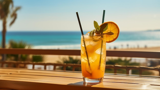 orangefarbener Cocktail auf dem Hintergrund des Meeres der OzeanAIGenerative AI