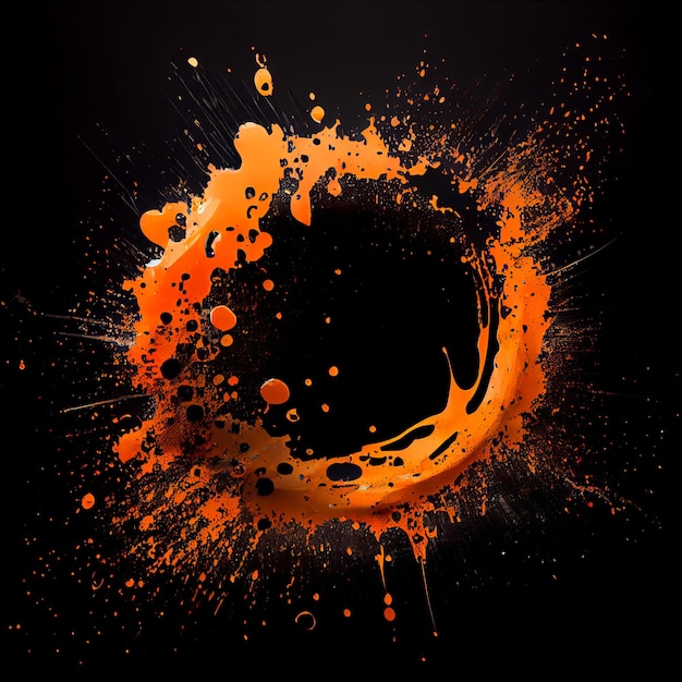 Orangefarbener Farbkreisspritzer isoliert auf schwarzem Hintergrund Orangefarbene Acrylflecken abstrakte Spritzer