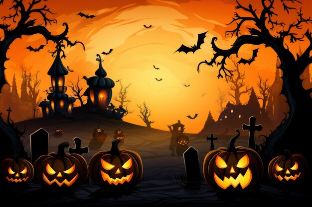 Orangefarbener Halloween-Hintergrund mit wesentlichen Charakteren, einfaches Design mit Kopierraum