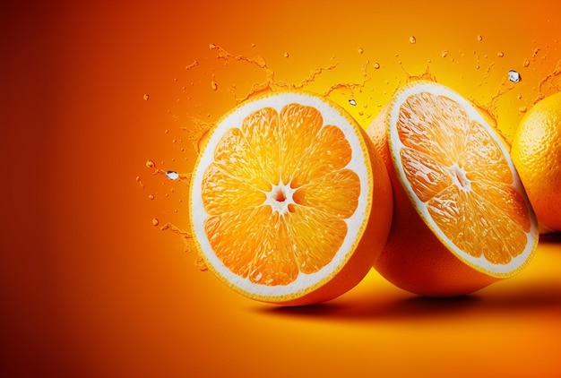 Orangefarbener Hintergrund mit Hälften einer Orange. Orangensaft. Von KI generiert