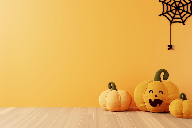 Orangefarbener Hintergrund mit lächelndem Kürbis und Spinnennetz für Halloween