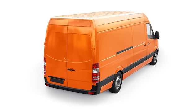 Orangefarbener mittelgroßer Lieferwagen auf weißem Hintergrund Ein leerer Körper für die Anwendung Ihrer Design-Inschriften und Logos 3D-Darstellung