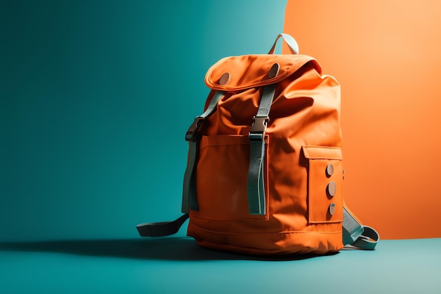 Orangefarbener Rucksack mit Knöpfen auf der Vorderseite und blauem Hintergrund