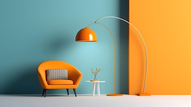 Orangefarbener Sessel und Stehlampe mit gelbem Bogen und blauer Wand, generatives Ai