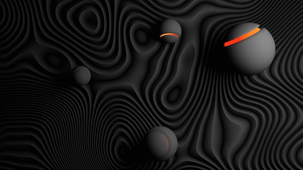 Orangefarbener Streifenball auf schwarz-weißem gewelltem Boden 3D-Rendering