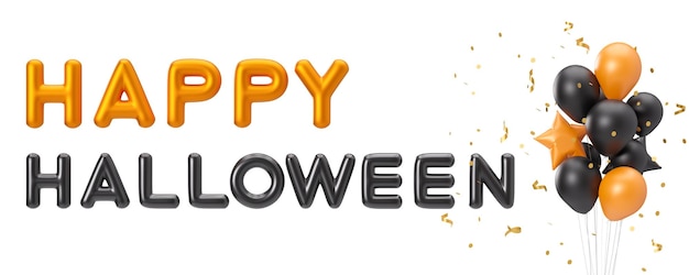 Orangefarbener und schwarzer Text HAPPY HALLOWEEN und Luftballons mit goldenem Konfetti isoliert auf weißem Hintergrund Halloween-Dekoration ausgeschnitten Designelement für Grußkartenwerbung 3D-Rendering