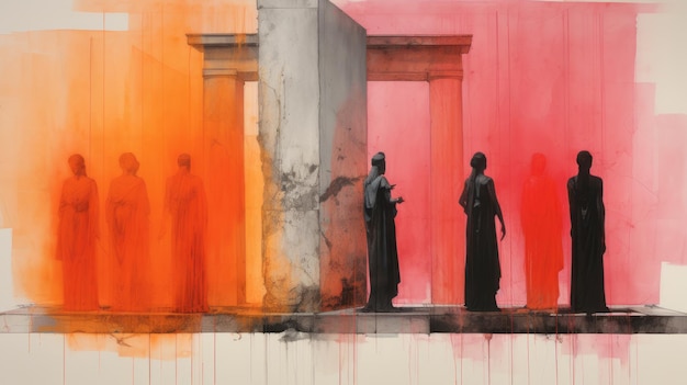 Orangefarbenes Gemälde mit Statuen, eine Fusion von Michal Lisowski und Rothko