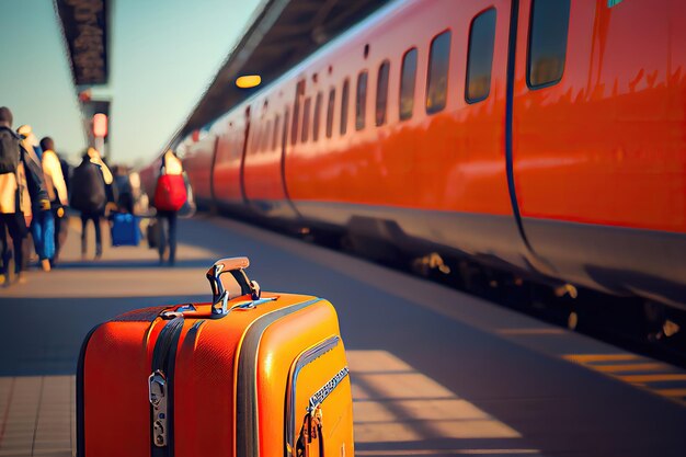 Orangefarbenes Gepäck an einem Bahnhof vor einem Zug, der mit generativer KI erstellt wurde