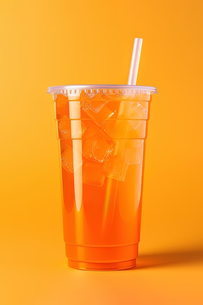 Orangefarbenes Getränk in einem Plastikbecher isoliert auf orangefarbenem Hintergrund Konzept für Getränke zum Mitnehmen