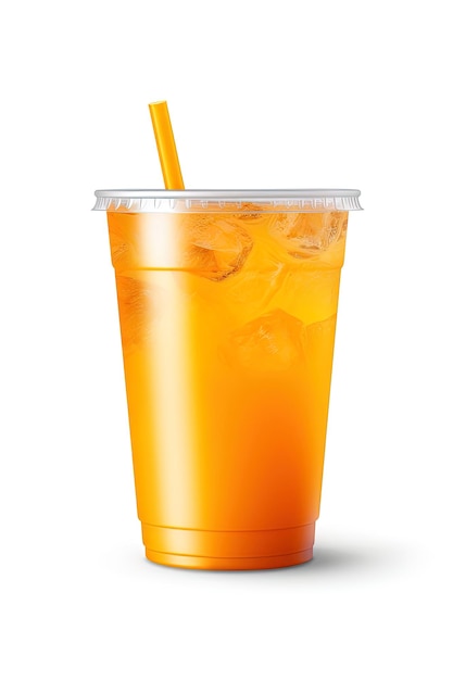 Foto orangefarbenes getränk in einem plastikbecher isoliert auf weißem hintergrund konzept für getränke zum mitnehmen