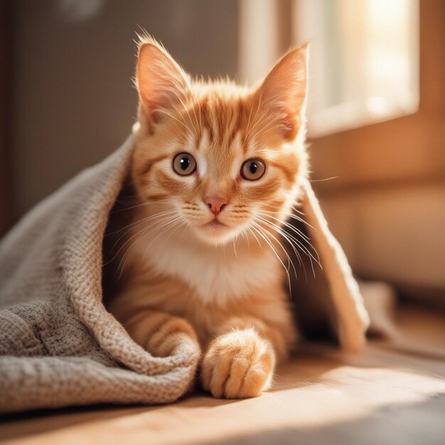 Orangefarbenes Kätzchen in Decke mit dunklem Hintergrund