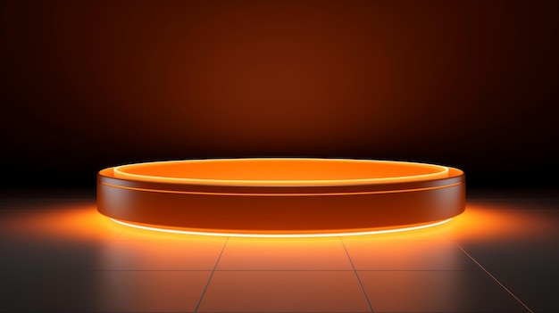 Orangefarbenes LED-Abstraktes, minimalistisches Produktpodest. Die Szene für die Produktpräsentation. 3D-Raum mit geometrischer Plattform, Bühnensockel. KI-generiertes Podiumsmodell für eine Produktwerbung