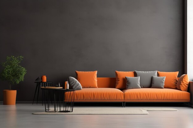 Orangefarbenes Sofa mit schwarzer Wand Generate Ai