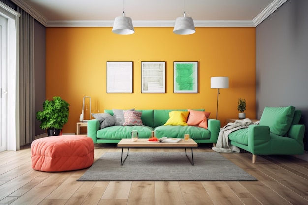 Orangefarbenes Sofa und grüne Couchtische hängen in diesem modernen, hellen Wohnzimmer über der künstlichen Wand