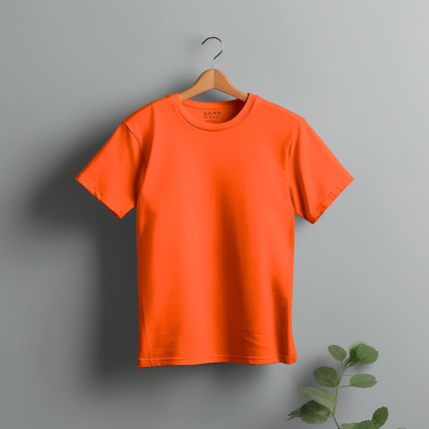 Orangefarbenes T-Shirt-Modell auf dynamischem, einfarbigem Hintergrund. Hemd-Modell-Set. Orangefarbenes T-Shirt-Modell auf der Vorderseite