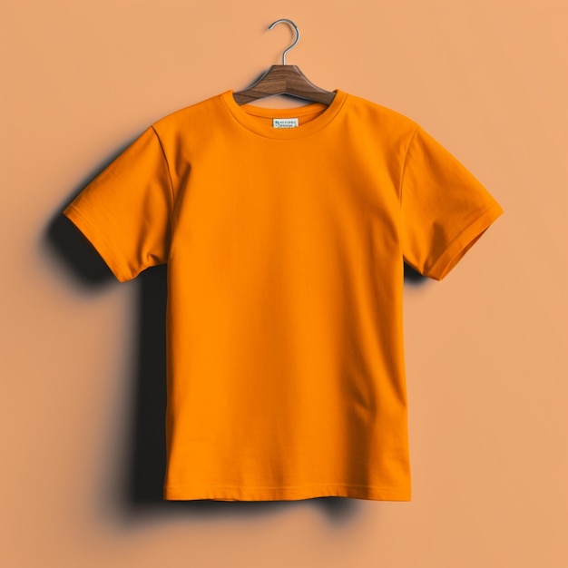 Orangefarbenes T-Shirt-Modell auf dynamischem, einfarbigem Hintergrund. Hemd-Modell-Set. Orangefarbenes T-Shirt-Modell auf der Vorderseite
