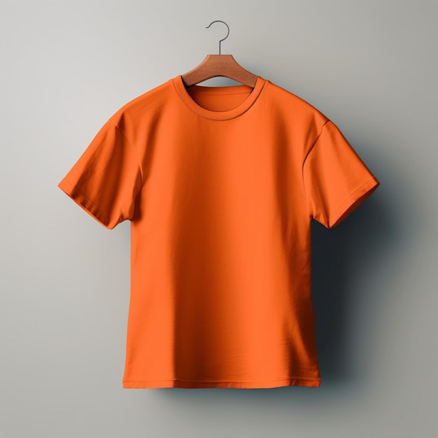 Orangefarbenes T-Shirt-Modell auf dynamischem, einfarbigem Hintergrund. Hemd-Modell-Set. Orangefarbenes T-Shirt-Modell auf der Vorderseite