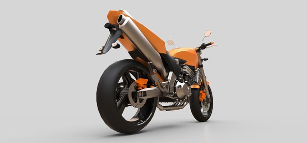 Orangefarbenes urbanes Sport-Zweisitzer-Motorrad auf grauem Hintergrund 3D-Darstellung