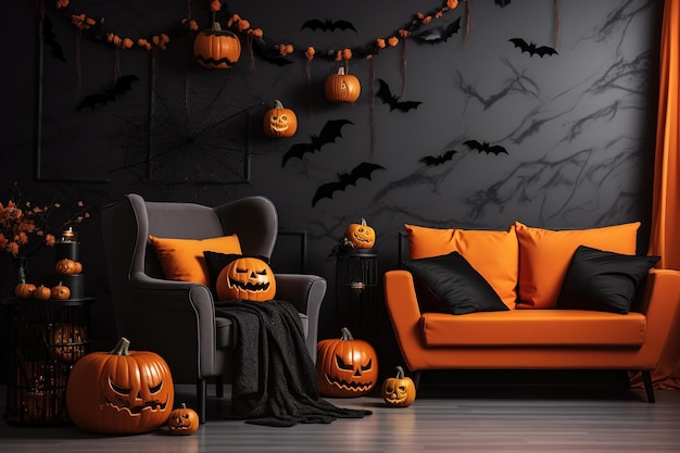Orangefarbenes Wohnzimmerinterieur mit Halloween-Dekorationen. Hintergrund für Halloween