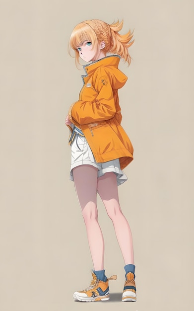 Orangehaariges Anime-Mädchen in orangefarbener Jacke und Schuhen