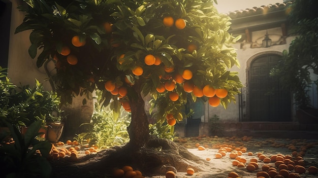 Orangen am Baum im Gartengenerative ai