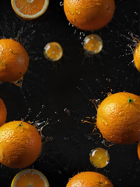 Orangen auf einem dunklen Hintergrund spritzen Saft