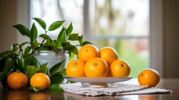 Orangen auf einer silbernen Schüssel in warmer Umgebung