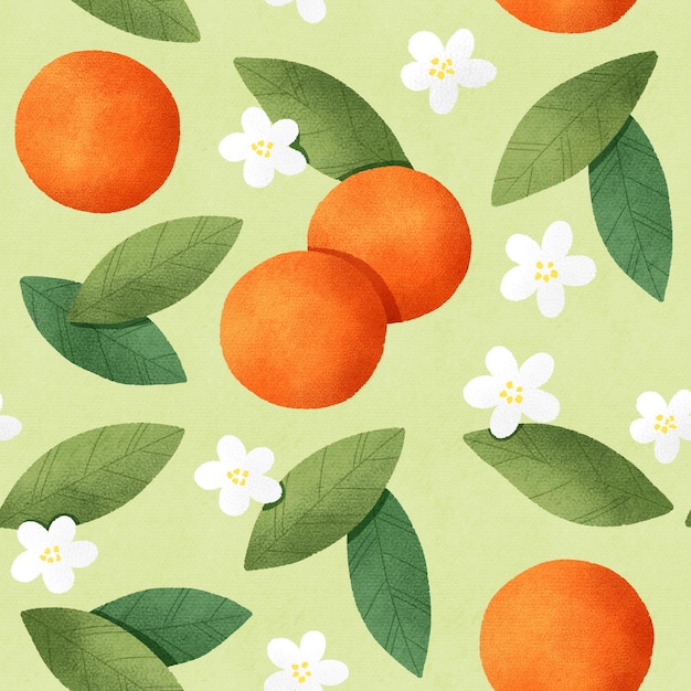 Orangen oder Mandarinen grüne Blätter und weiße Blumen Musterdesign niedliche botanische Illustration