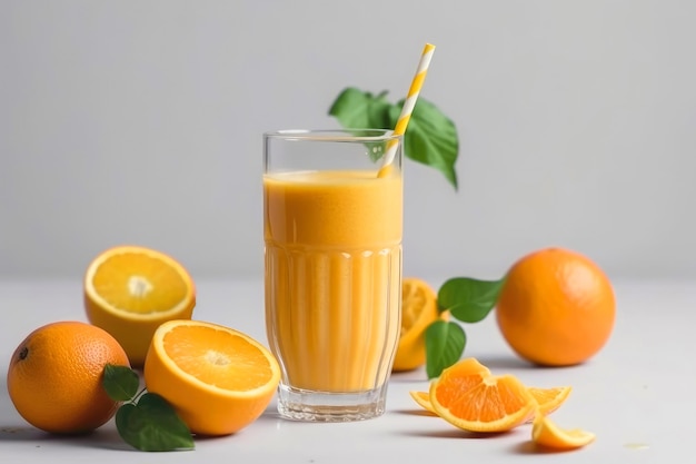 Orangen-Smoothie auf weißem Hintergrund, generative KI