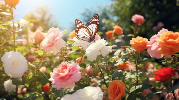 Orangen- und rosa Rosenblumen Gartenbild Generative KI