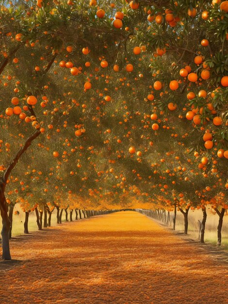 Orangenbäume säumen den Weg in einem Orangenhain